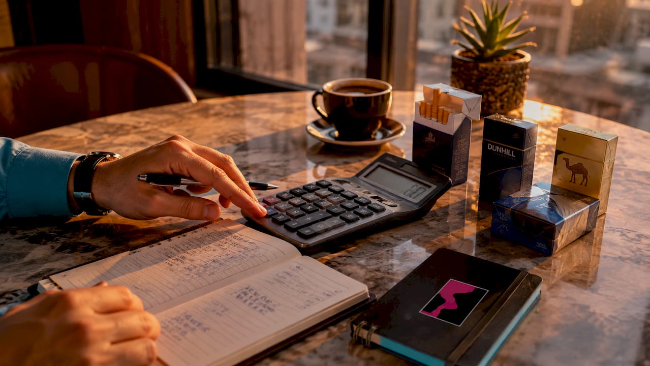 Hands calculating cigarette costs with packs and notes