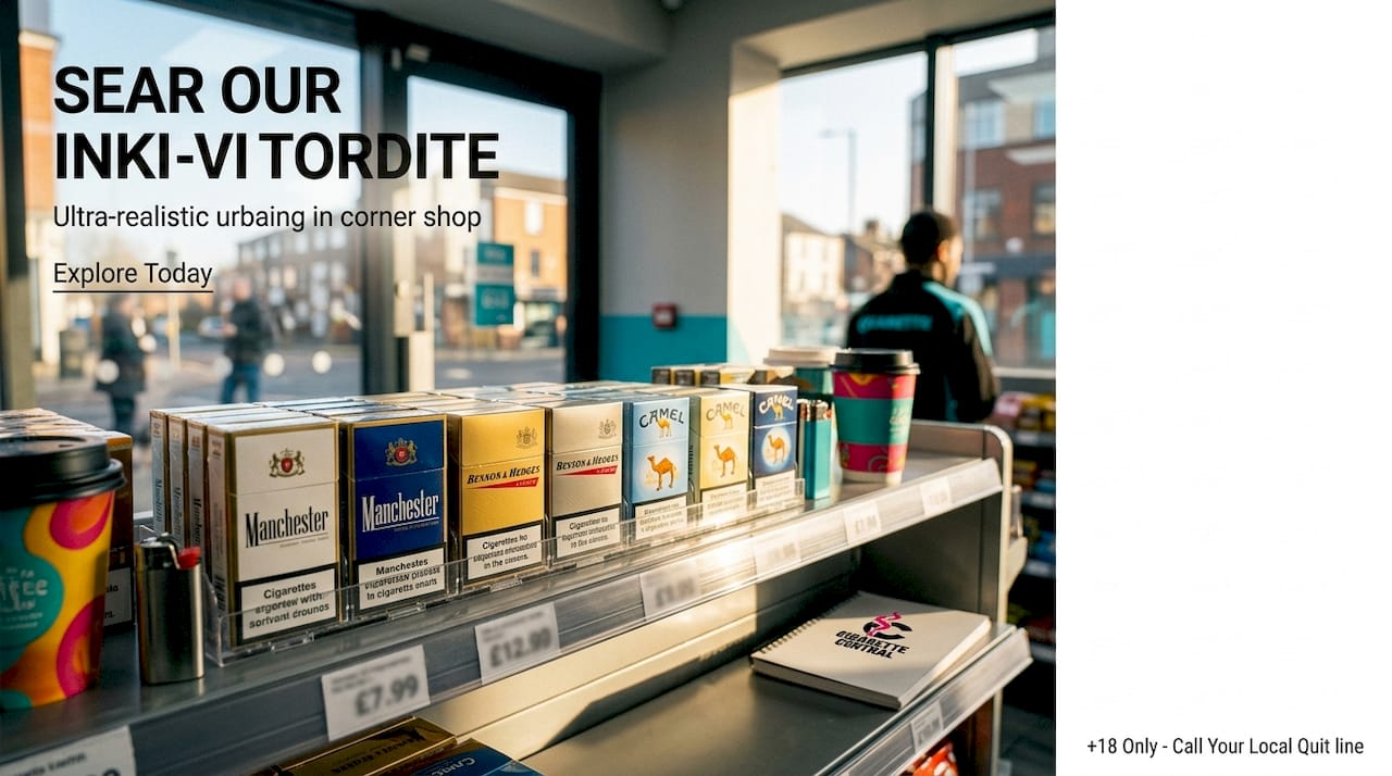 Cigarette packs on wooden shelf with natural light
