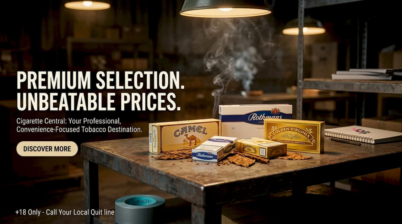 Cigarette cartons on wooden table in warehouse environment