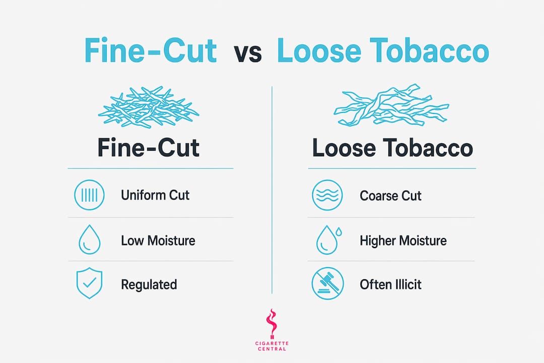 Comparison infographic of fine-cut and loose tobacco features