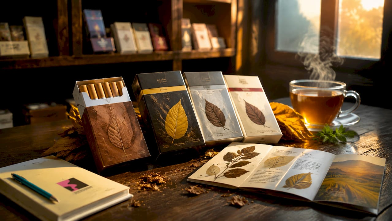 Cigarette packs representing different tobacco leaf types
