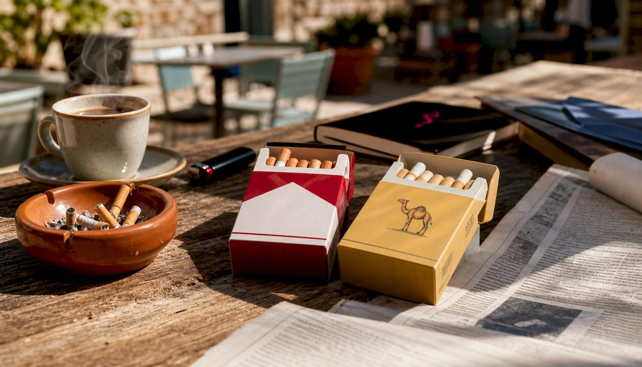 Cigarette tobacco packs on marble counter with coffee