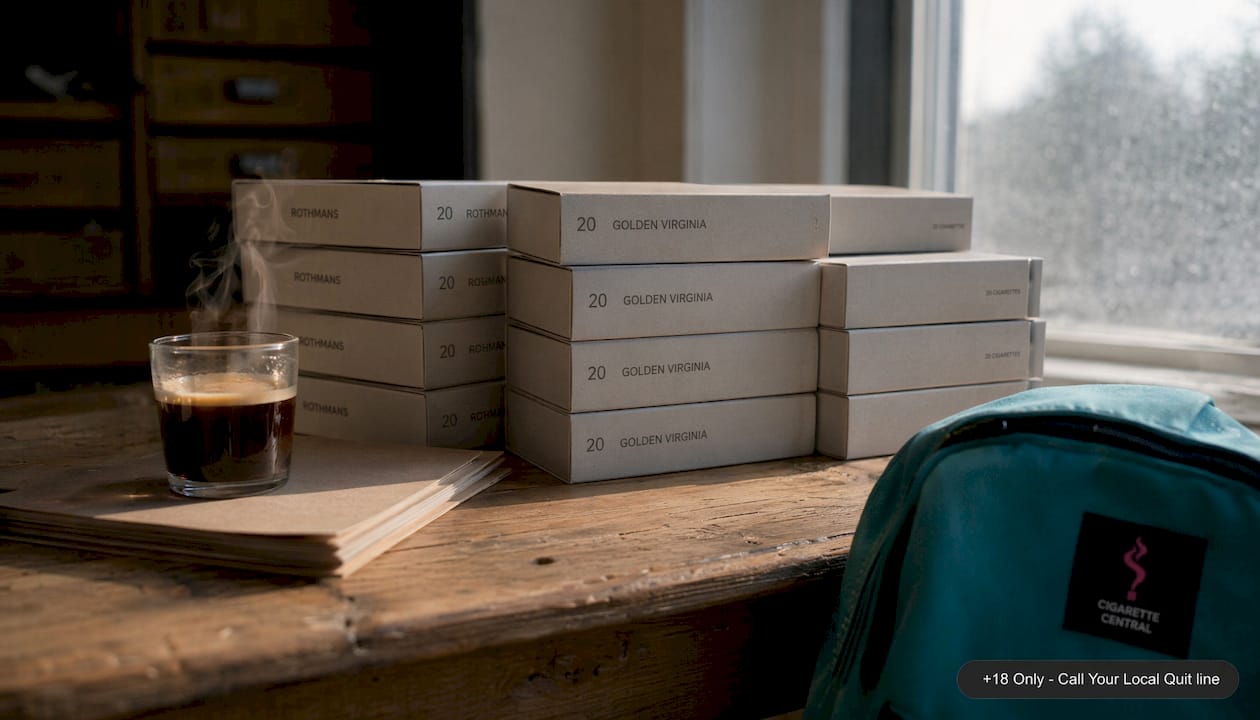 Plain-packaged cigarettes stacked on wood shelf