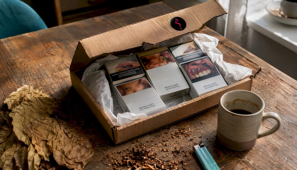 Open delivery parcel with plain packaged cigarettes