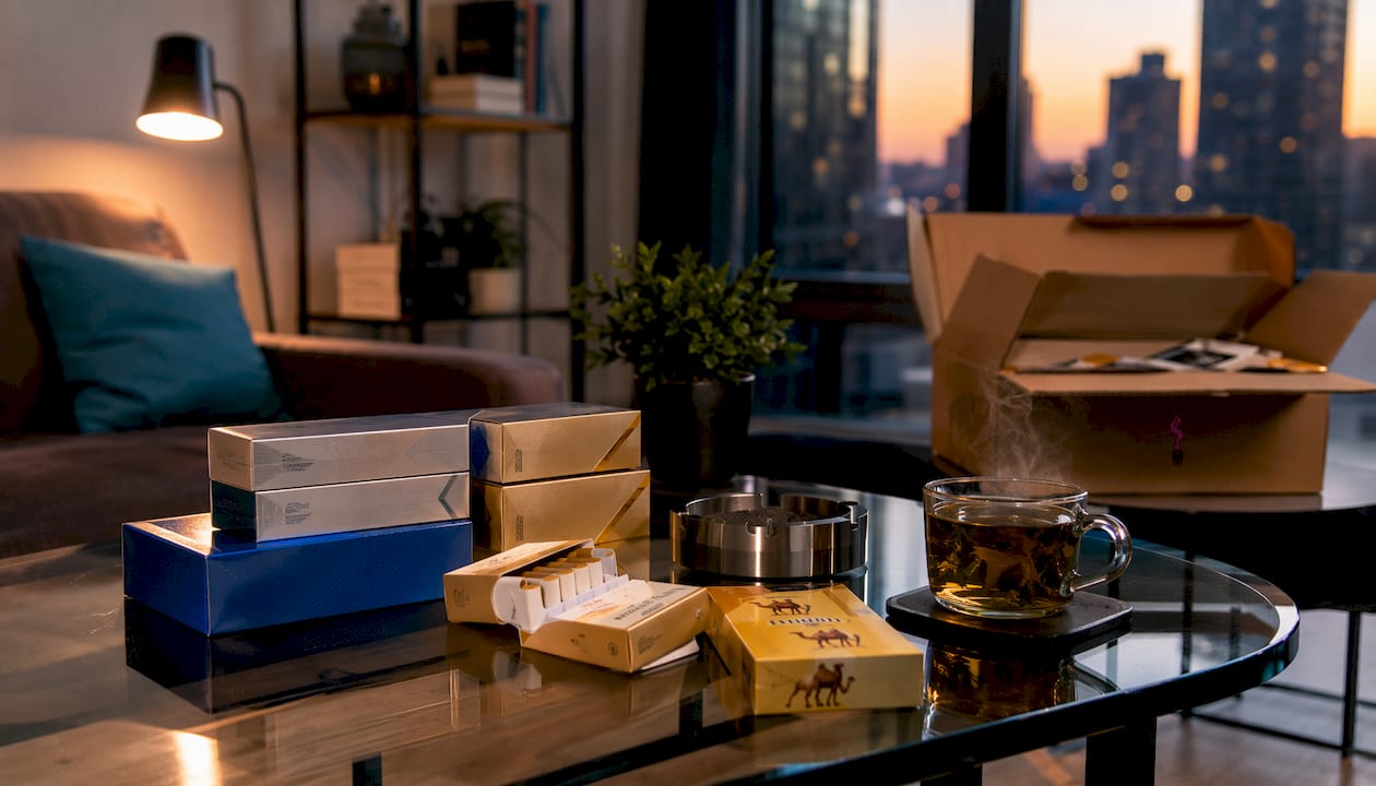 Bulk cigarette cartons arranged on marble coffee table indoors