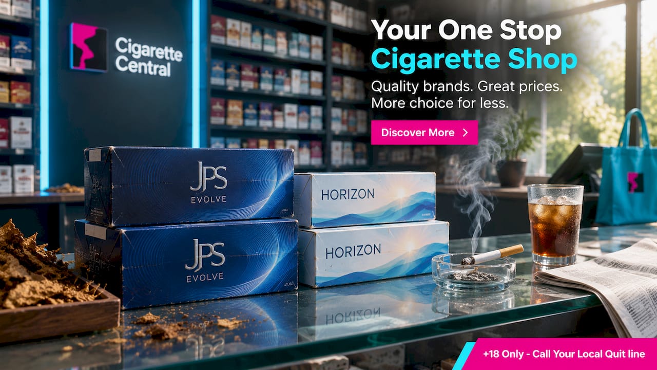 Budget cigarette cartons on marble counter in retail