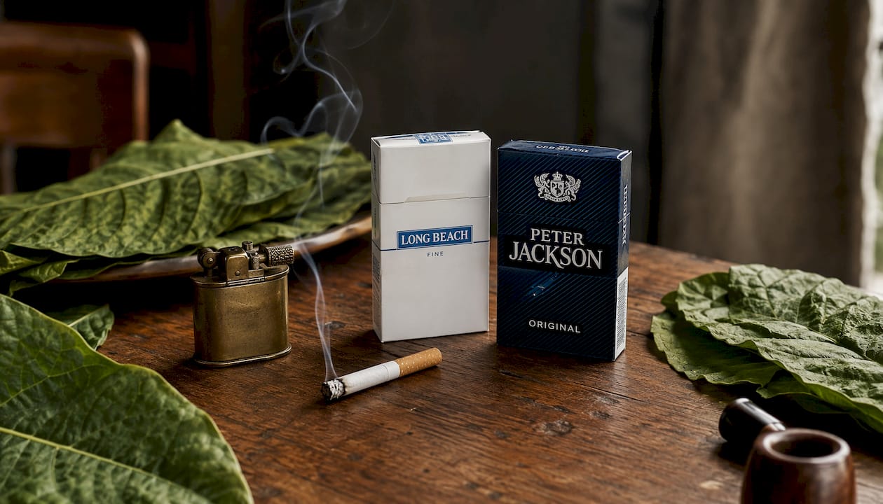 Close-up cigarette packs with tobacco leaves and smoke