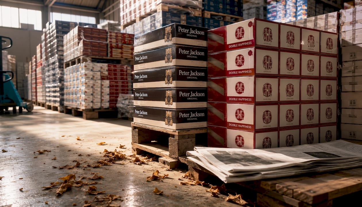 Stacked cigarette cartons in warehouse setting