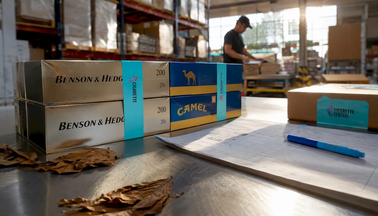 Packaged tobacco carton ready for shipment in warehouse office