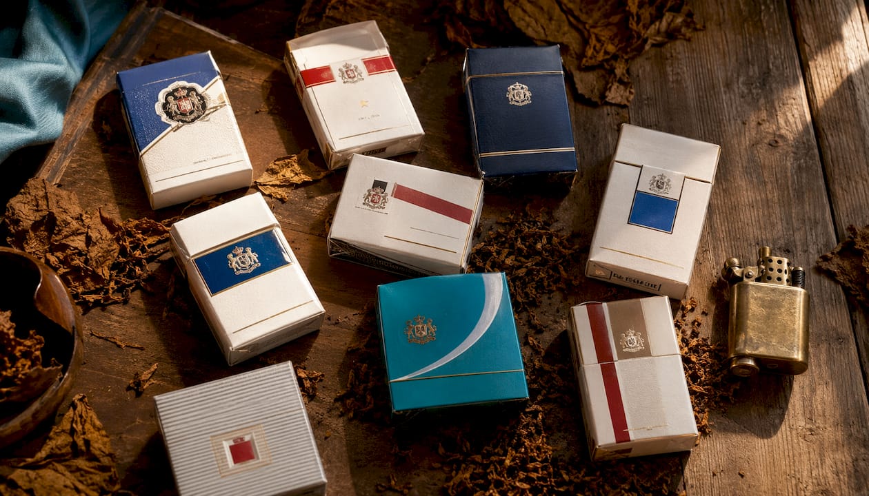 Overhead view of diverse cigarette packs on marble