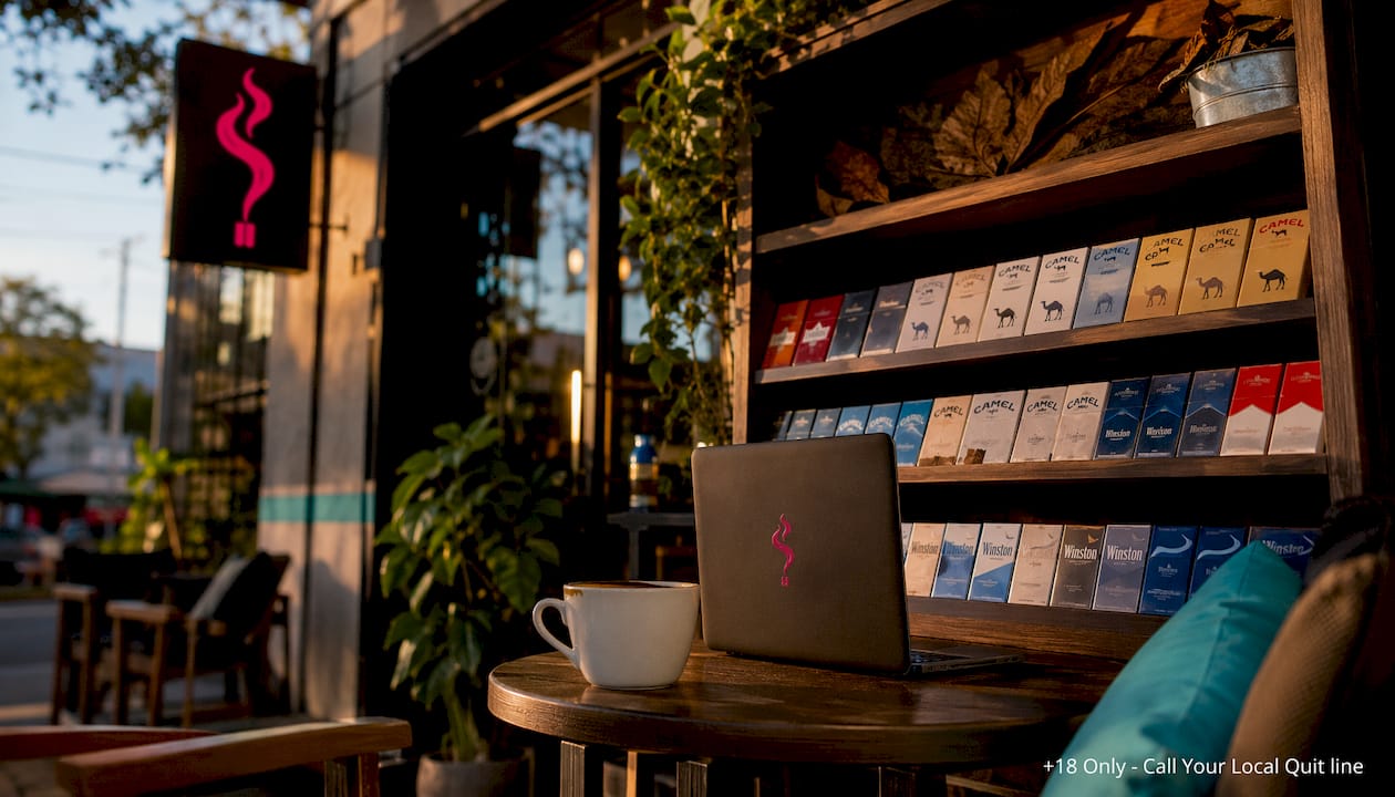 Tobacco shop interior with branded packs and decor