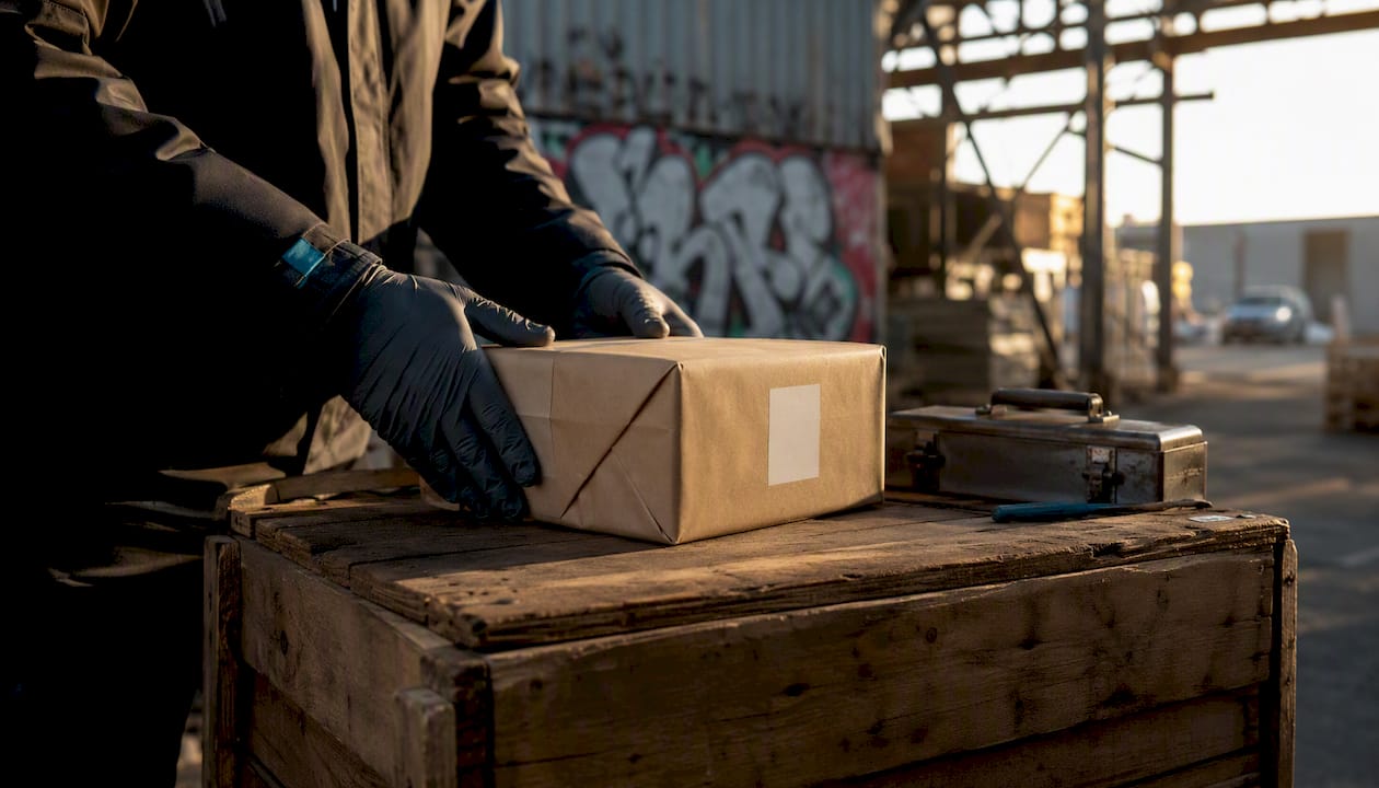 Courier holding plain tobacco package with batch code