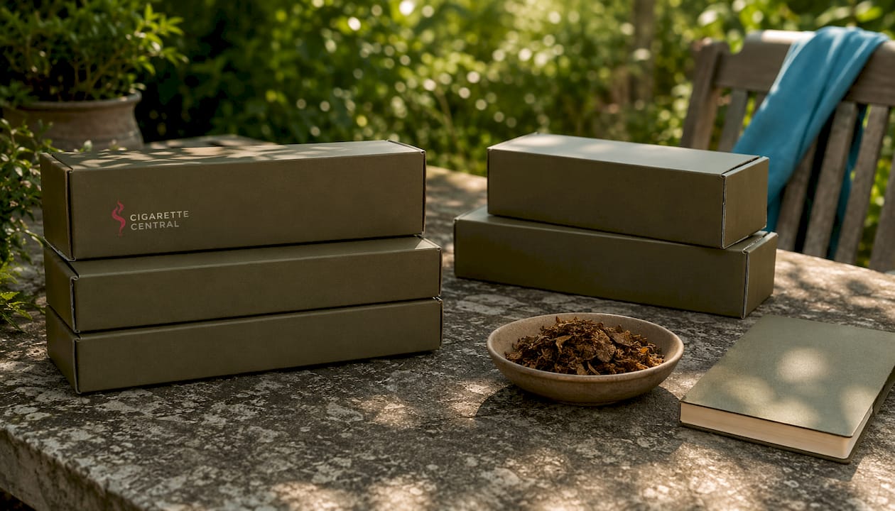 Discreet plain packaging tobacco cartons on wooden counter.