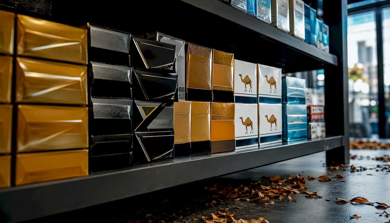 Close-up cigarette cartons on wooden retail shelf