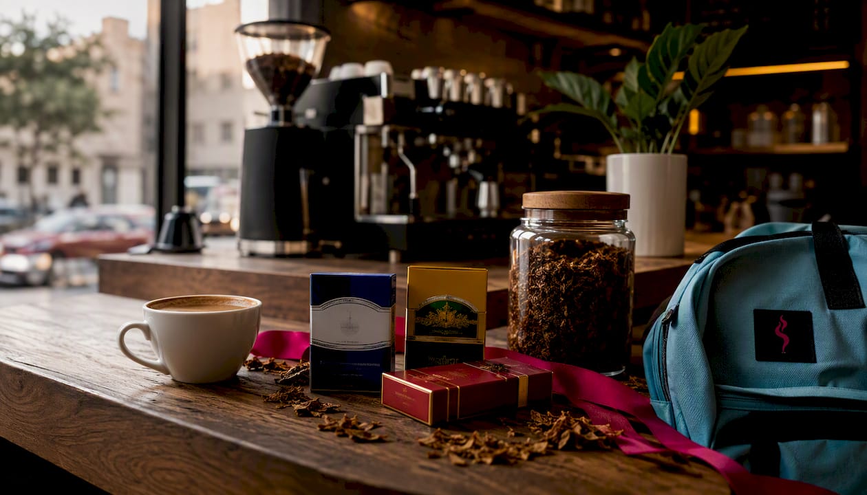 Cigarette packs on marble countertop by coffee cup