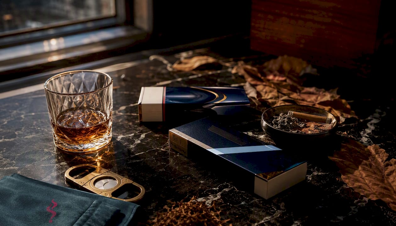 Cigarette cartons with whiskey glass and tobacco leaves