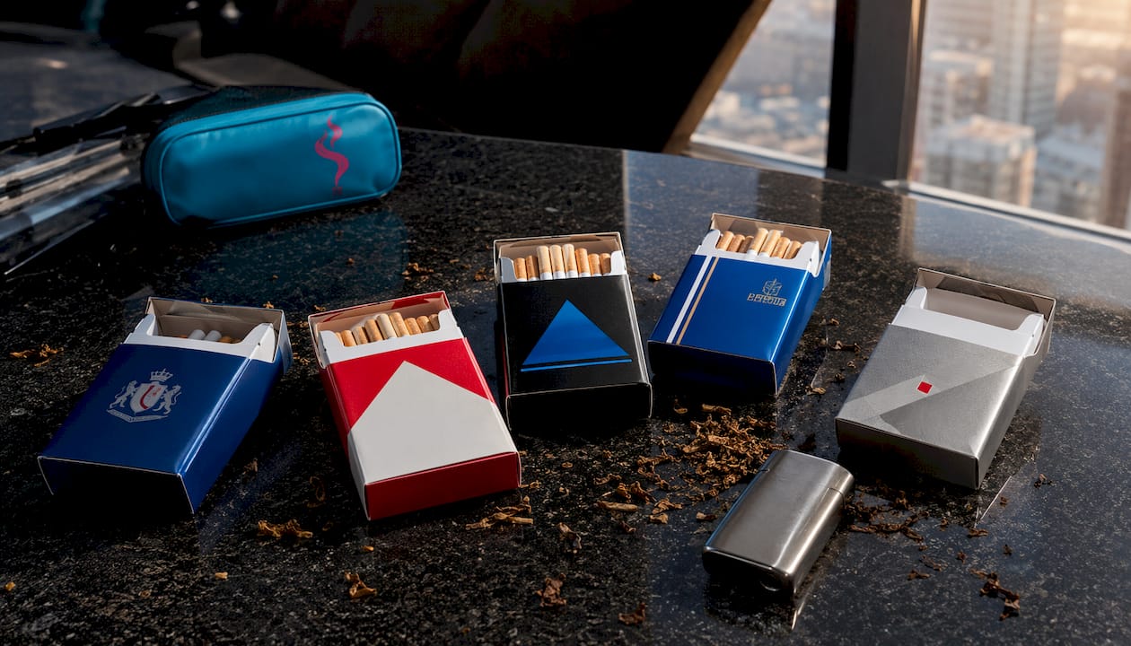 Strong tobacco cigarette packs on rustic table