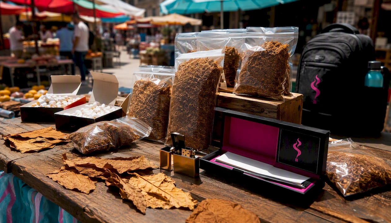 Variety of rolling tobacco blends in rustic warehouse display