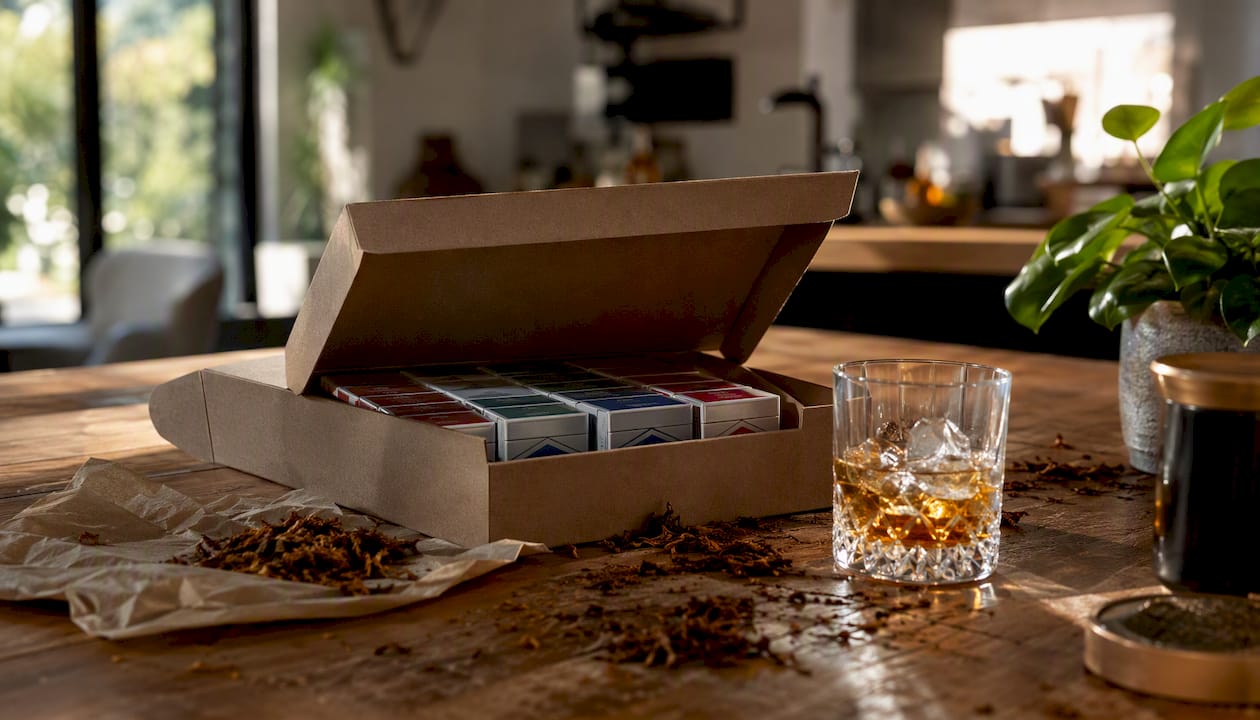 Discreet tobacco package on kitchen counter