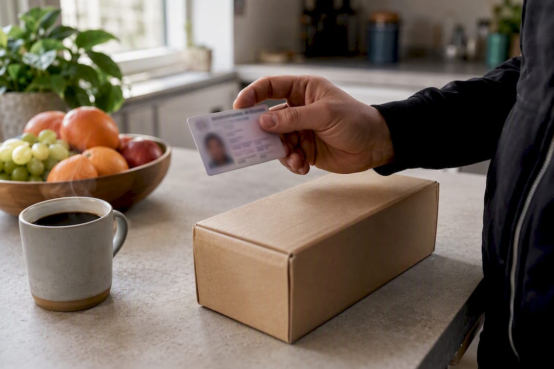 Courier showing photo ID at cigarette delivery