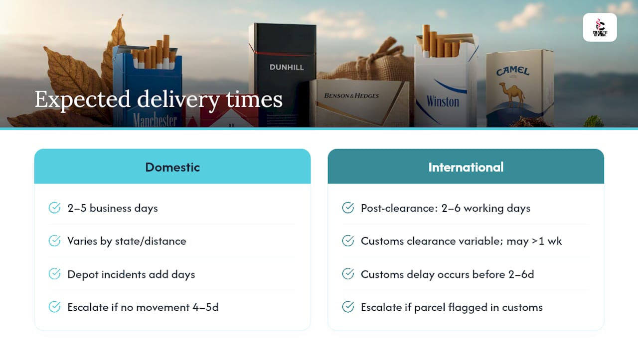 Domestic and international tobacco delivery timelines