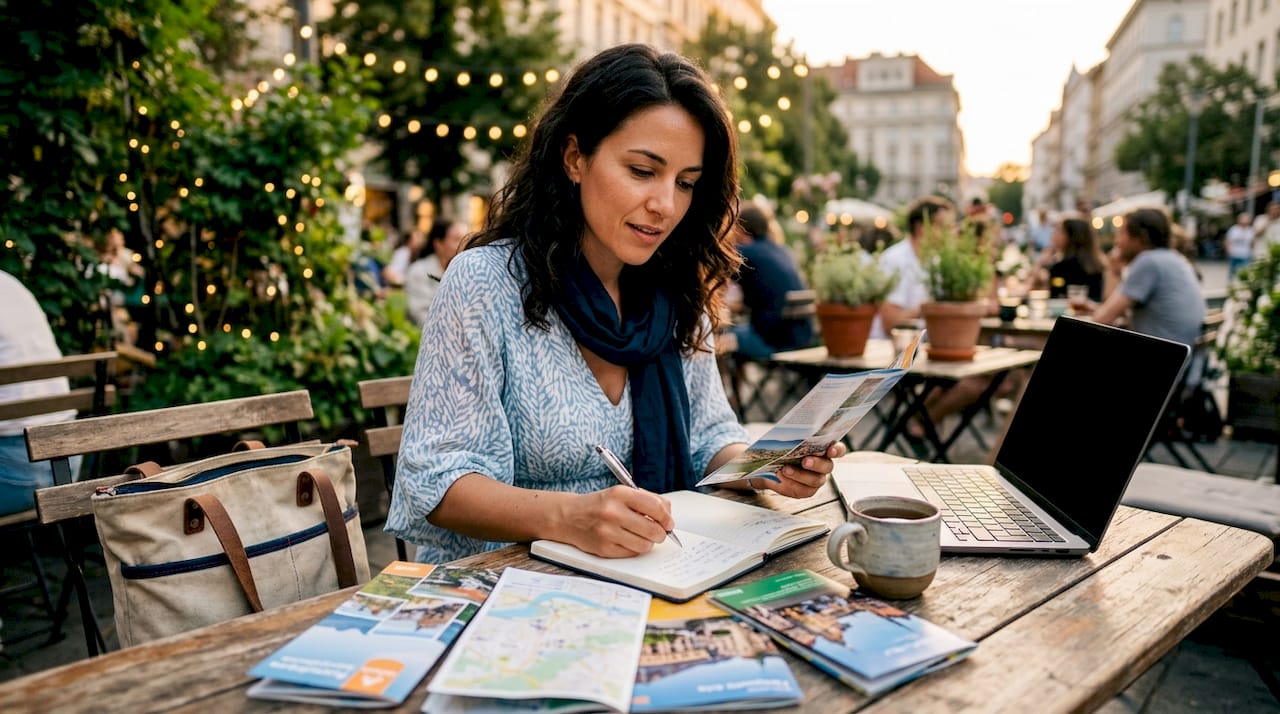 Woman planning travel itinerary with budget brochures