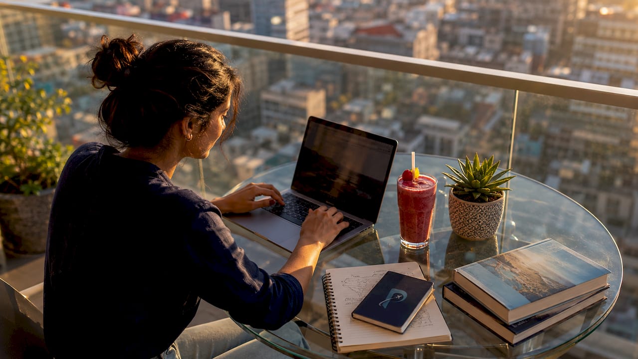 Woman planning AI travel itinerary at home desk