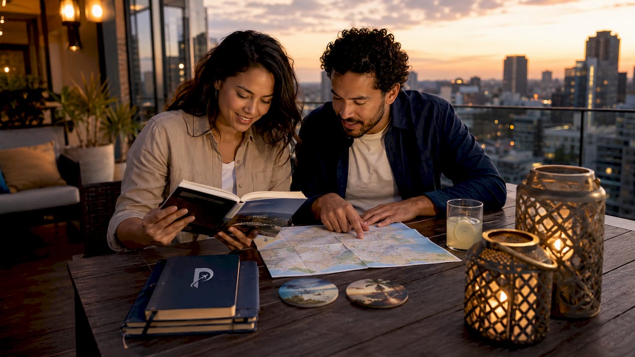 Couple planning travel preferences at kitchen table