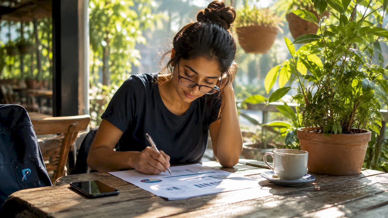 Woman reviewing travel budget worksheet at home