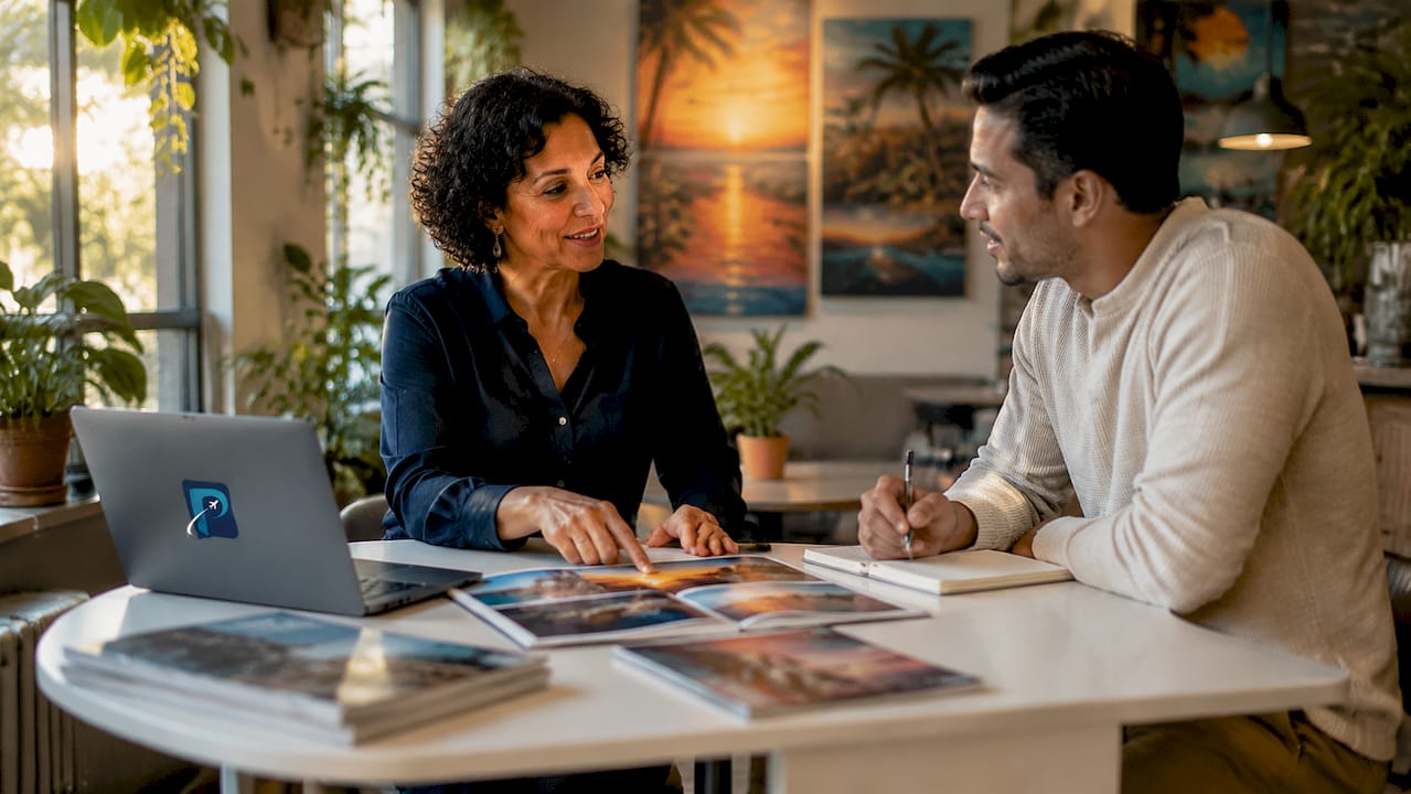 Travel consultant discussing options with client