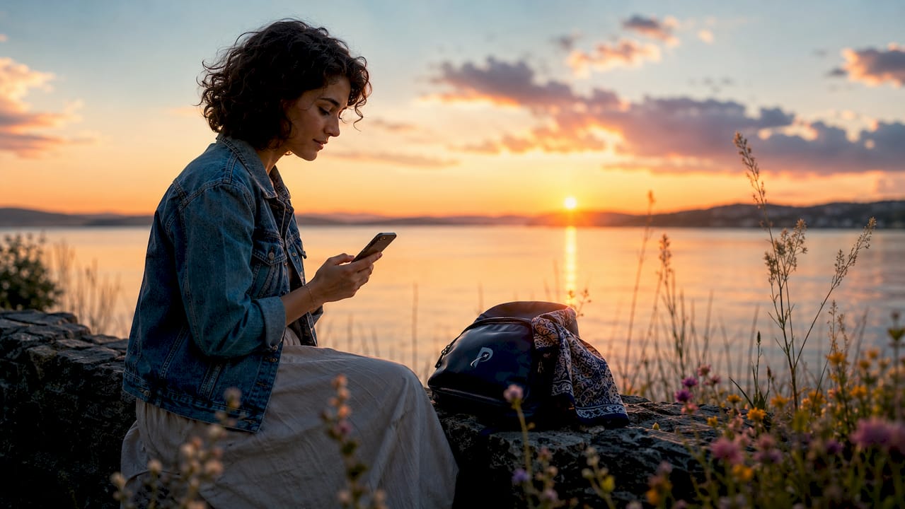 Solo traveler reviewing itinerary in park
