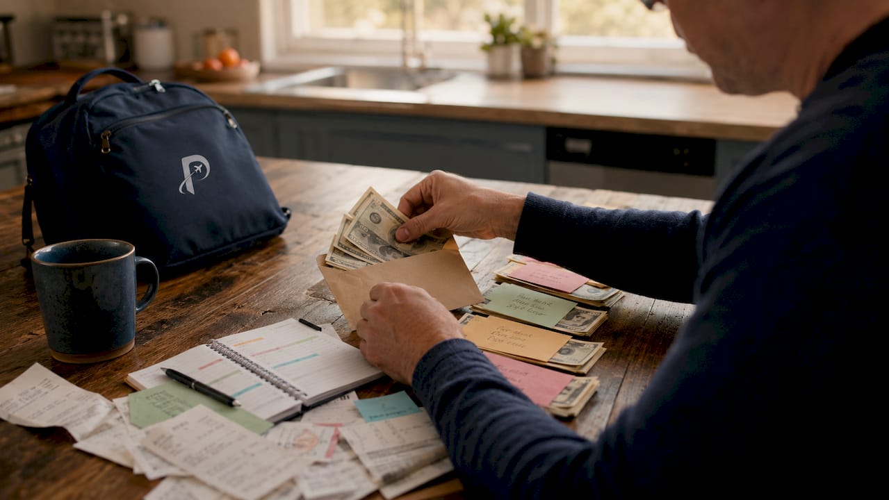 Hands arranging daily travel budget envelopes