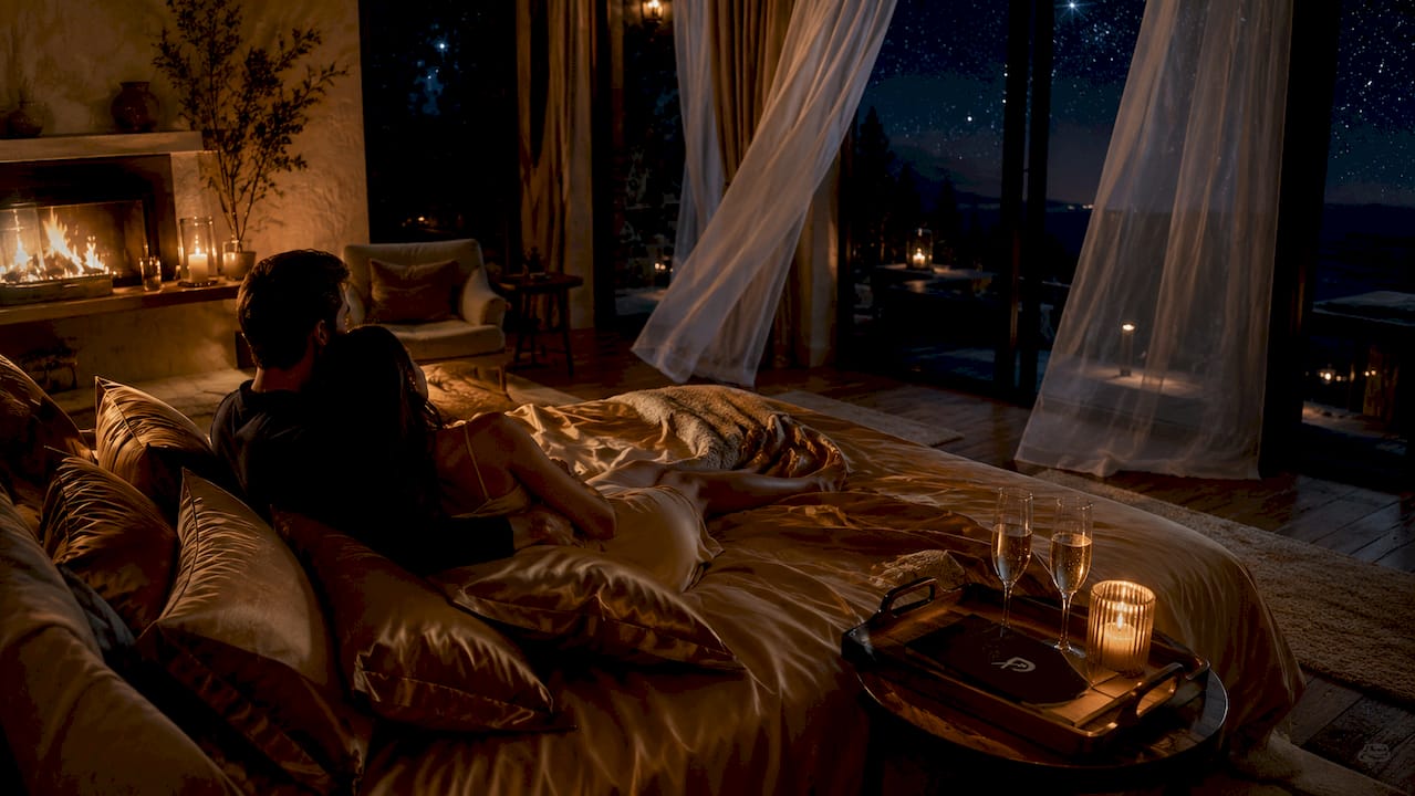 Couple relaxing in cozy resort room
