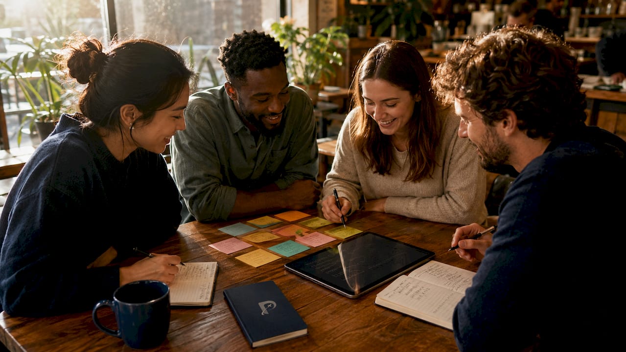 Sticky notes and spreadsheet categorizing travel expenses