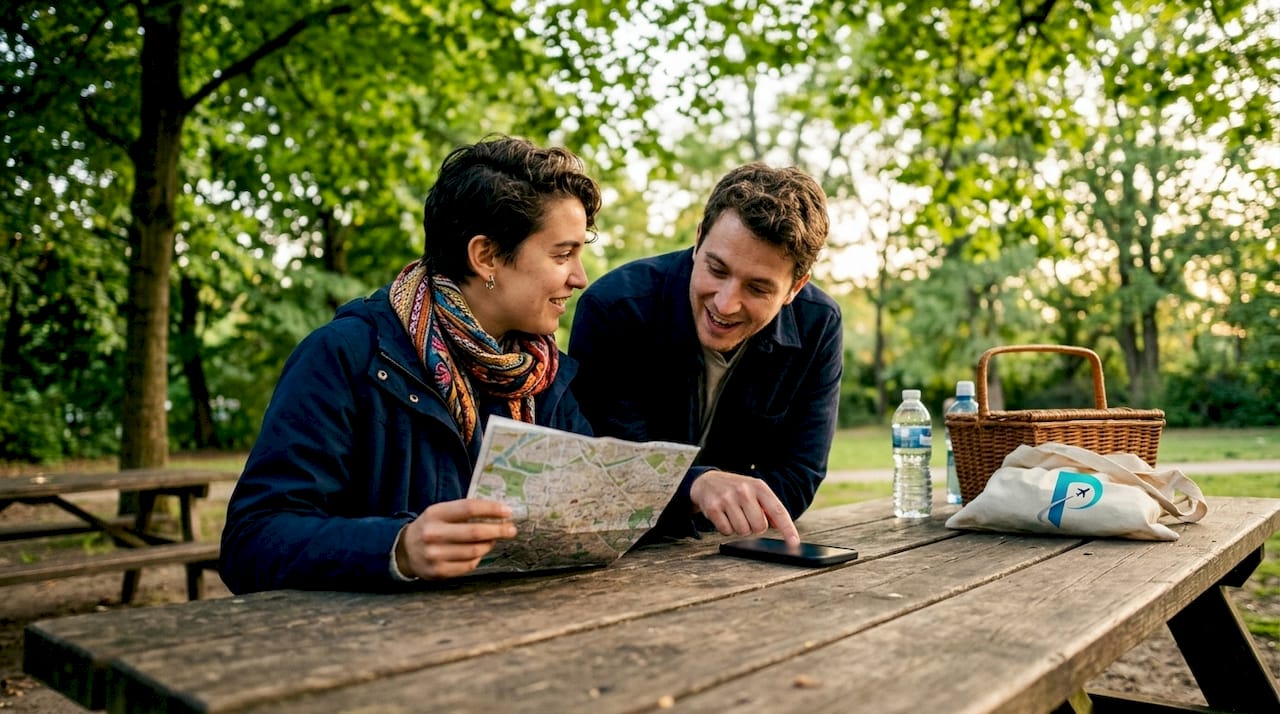 Two travelers planning itinerary outdoors