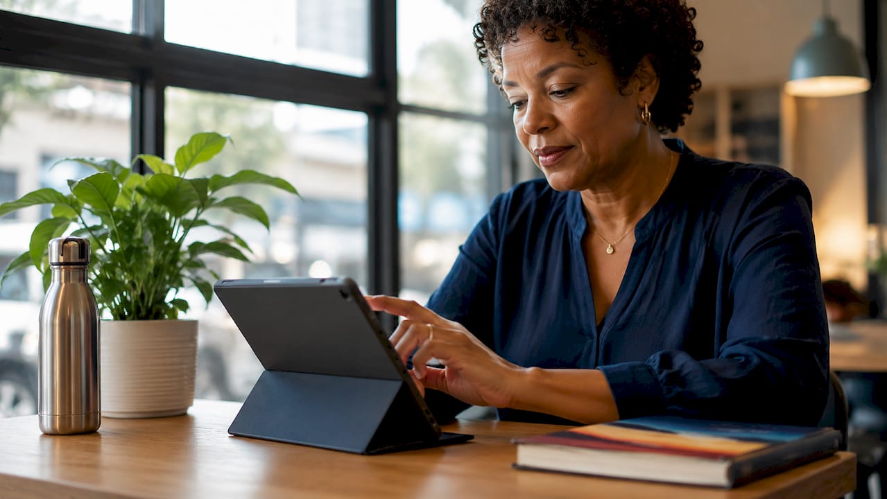Woman entering travel preferences on tablet