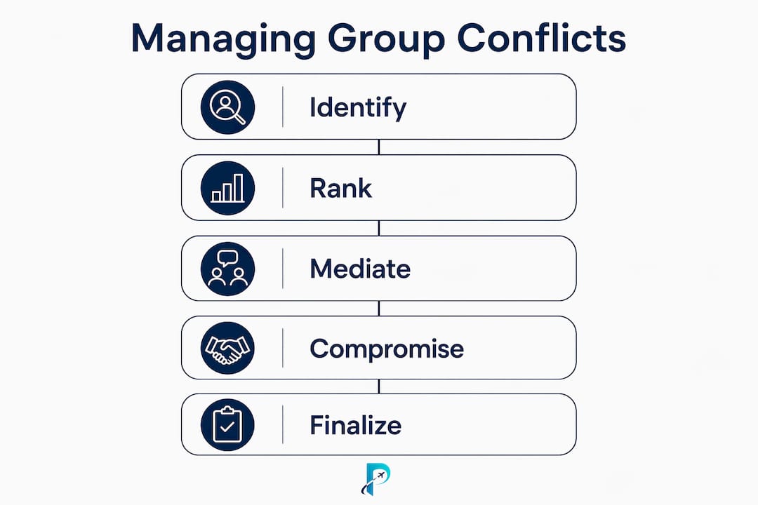 Infographic showing steps to manage group travel conflicts