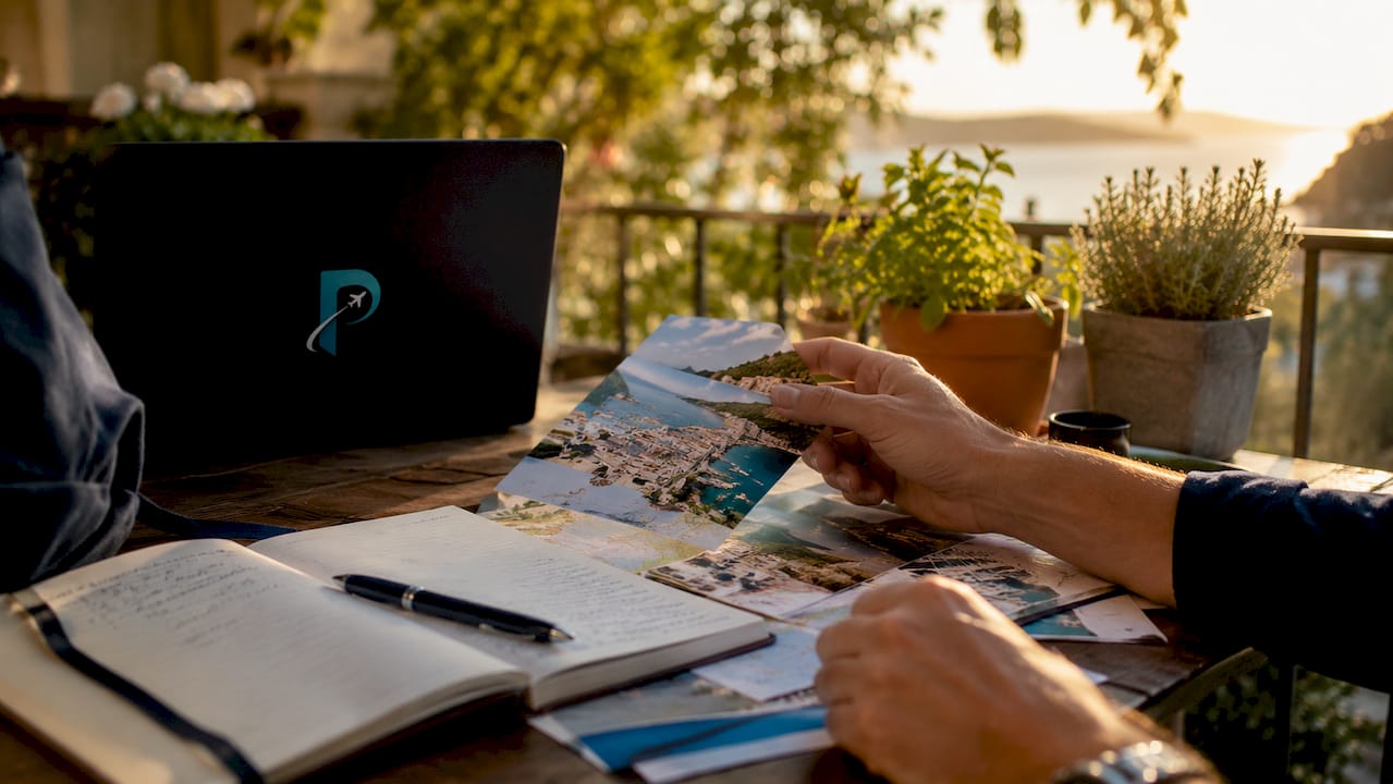 Hands organizing travel documents in café
