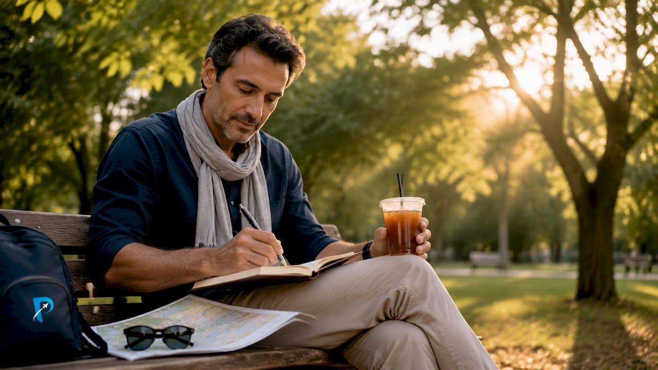 Man sketching travel plan balancing anchors outdoors