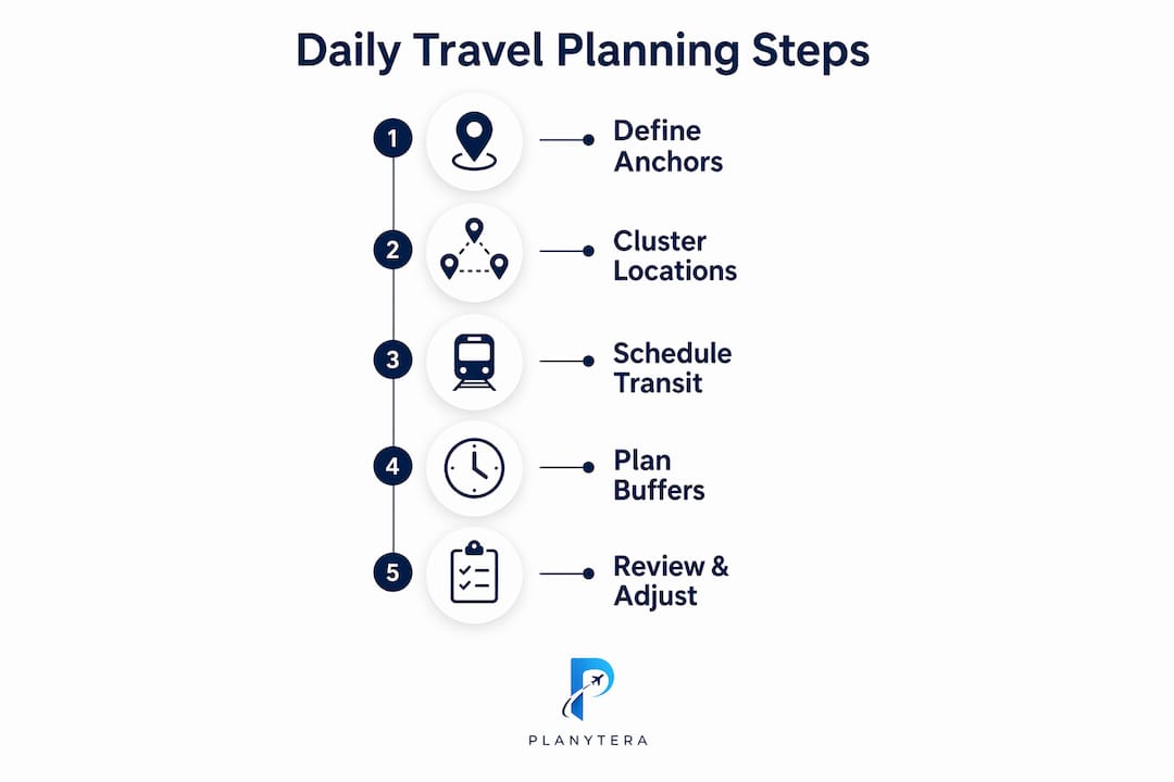 Infographic illustrating steps in geographic clustering for travel planning