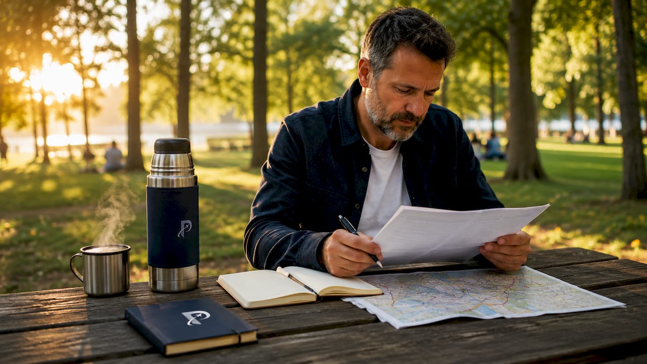 Man reviewing travel itinerary in café