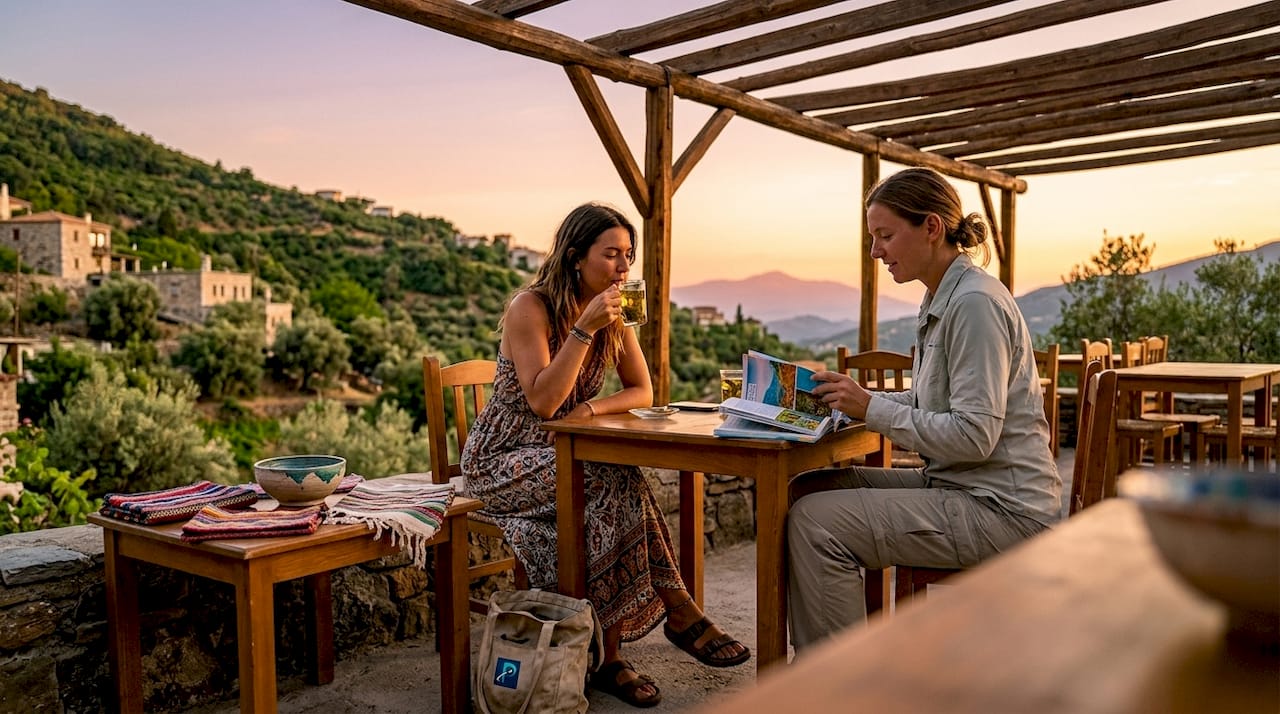 Travelers blending active and relaxed styles outdoors