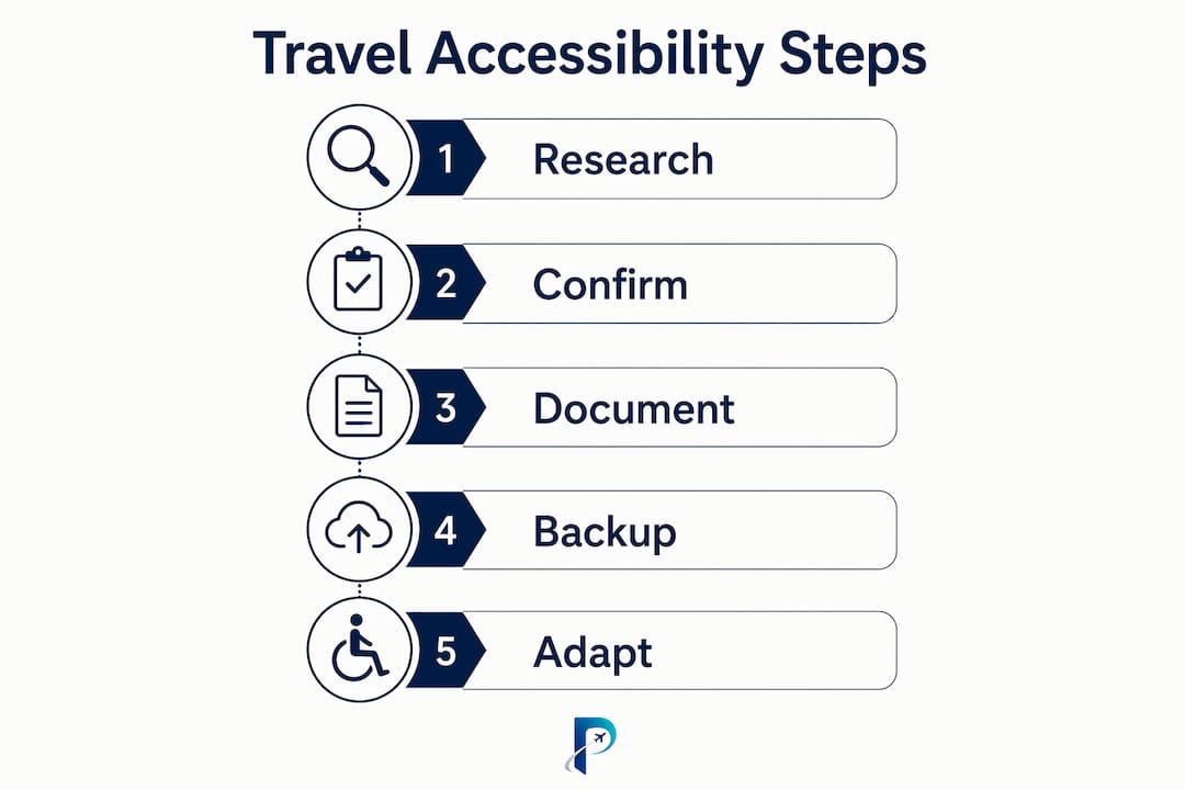 Infographic illustrating five key accessible travel planning steps