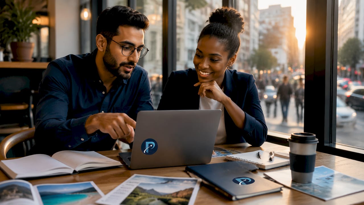 Two travel agents planning trip using digital tools