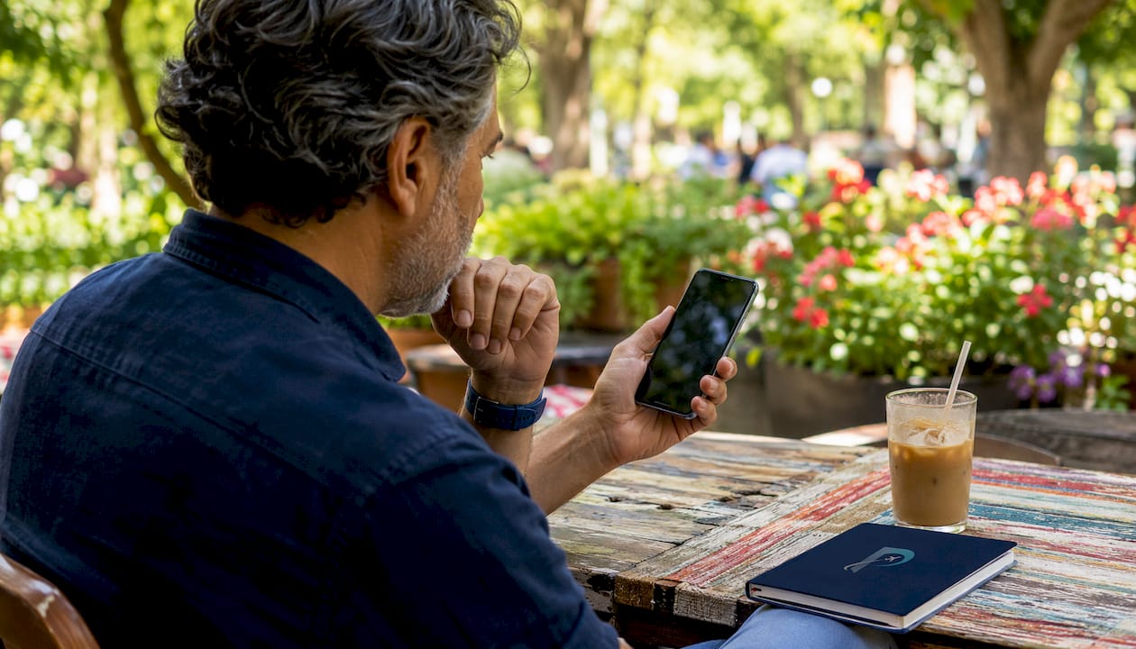 Hands using travel planning app in café