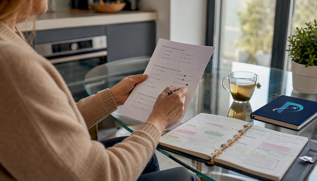 Hands adjusting travel preference weights on paper