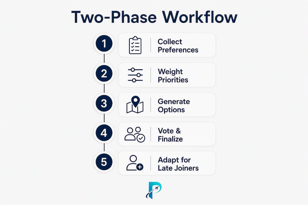 Infographic illustrating two-phase travel coordination workflow