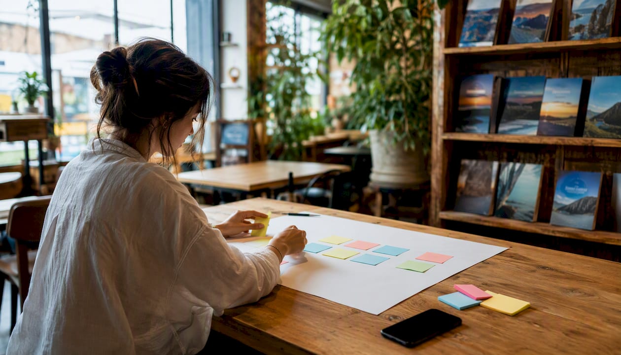 Hands selecting sticky notes for travel itinerary planning