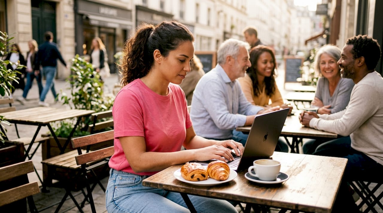 Une femme rédige une annonce sur son ordinateur portable, installée dans un café.