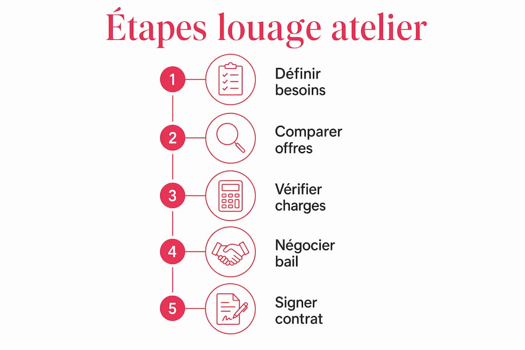 Les différentes étapes pour trouver et louer un atelier en Suisse, présentées en infographie